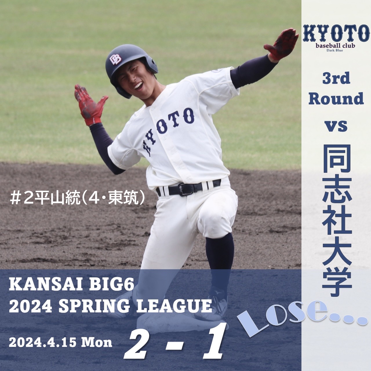 【試合結果】4/15 令和6年度関西学生野球連盟春季リーグ戦 vs 同志社大学 3回戦