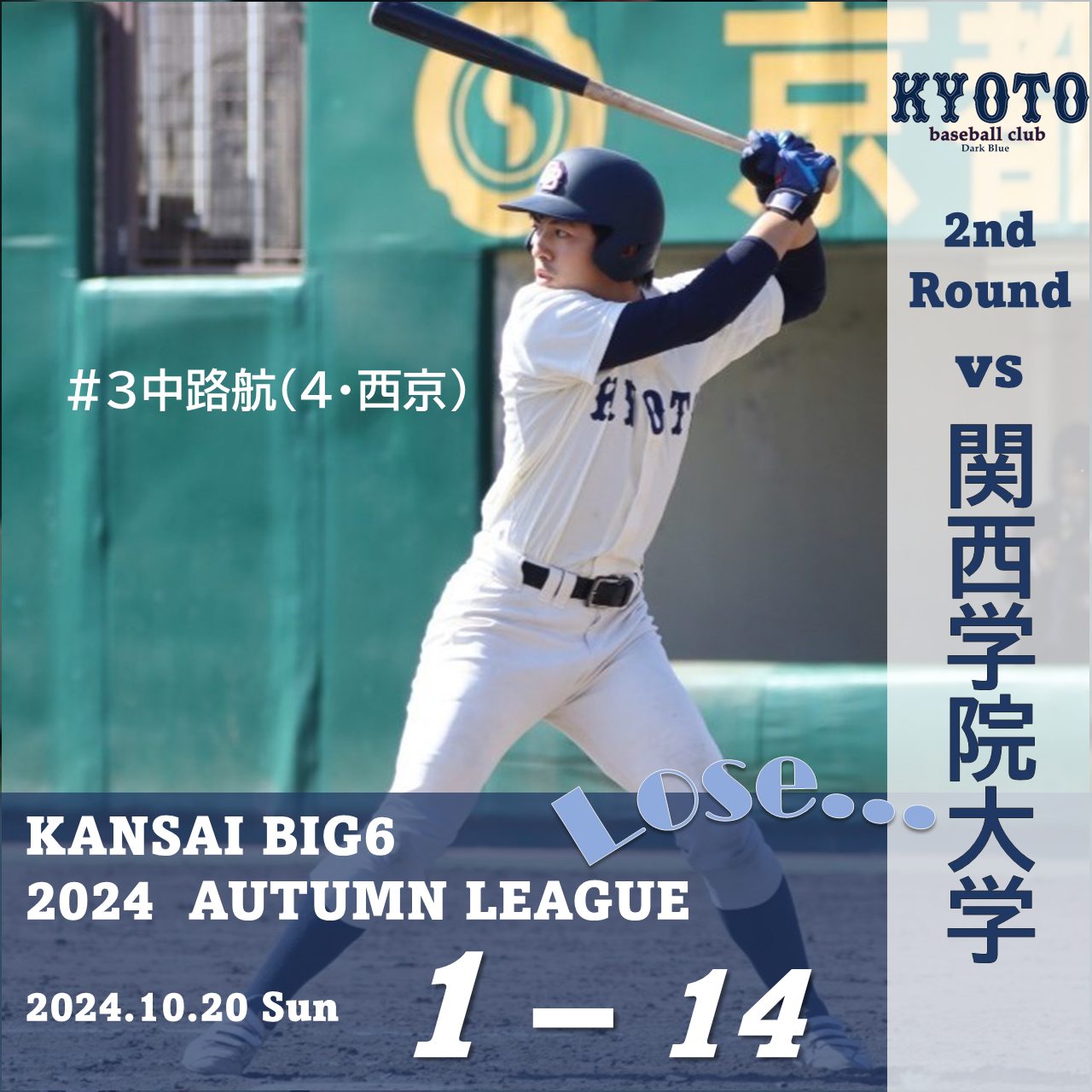 【試合結果】10/20 令和6年度関西学生野球連盟秋季リーグ戦 vs 関西学院大学 2回戦